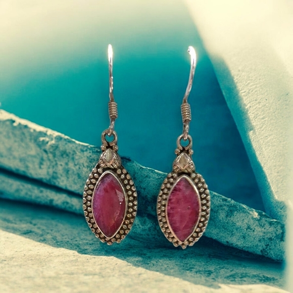 Jewelry - Raw Ruby Pink Stone And Sterling Silver Drop Earrings